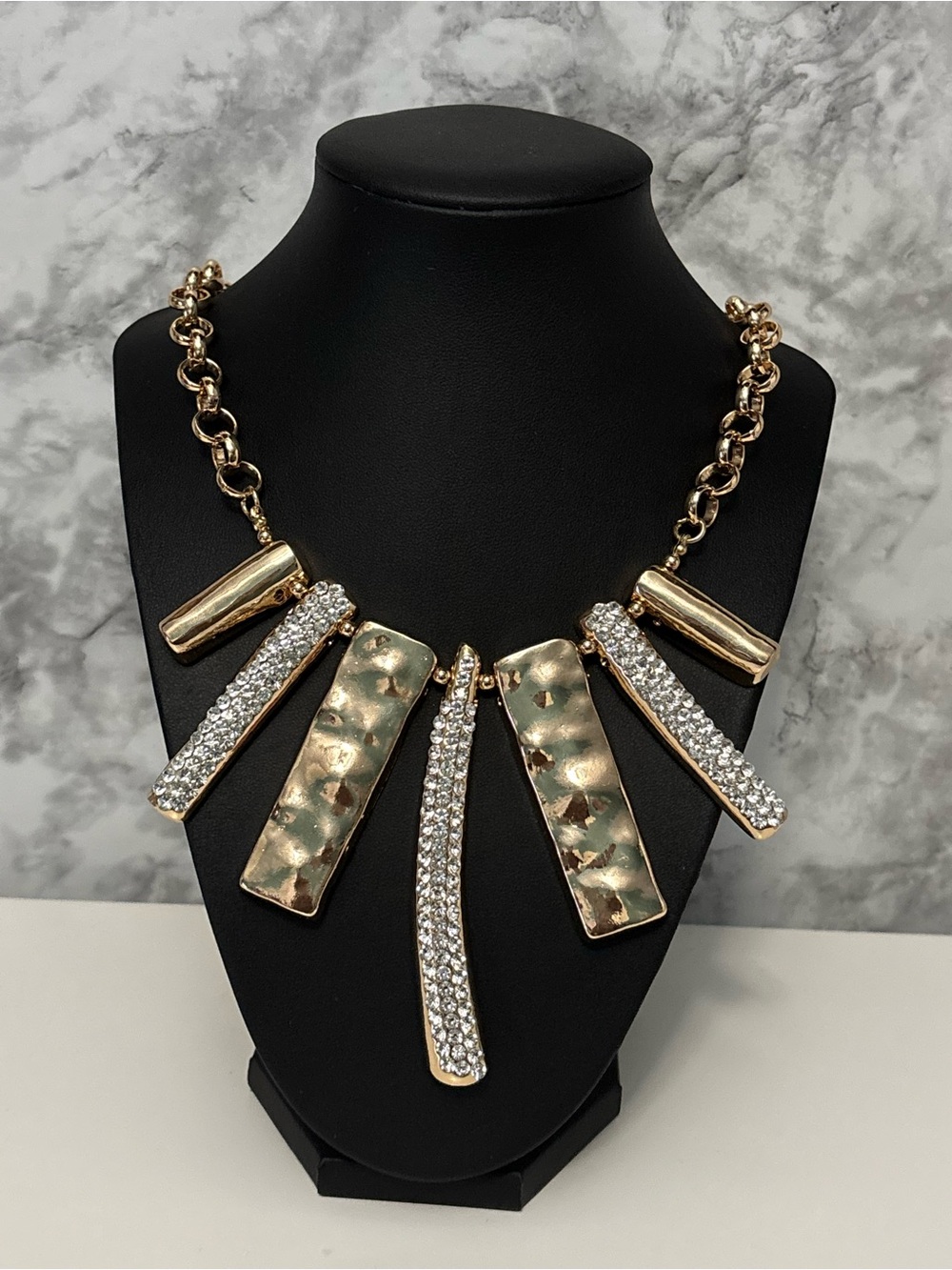 Gold Tone Statement Bar Necklace with Clear Crystals